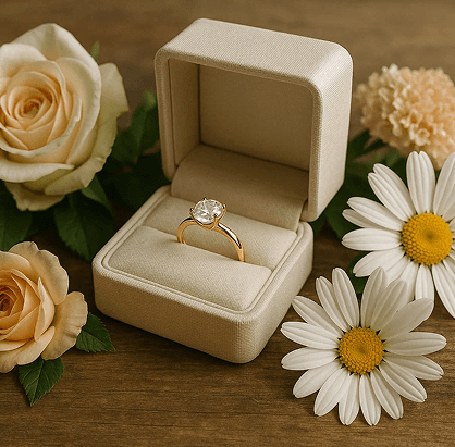 Engagement ring with white roses and daisies