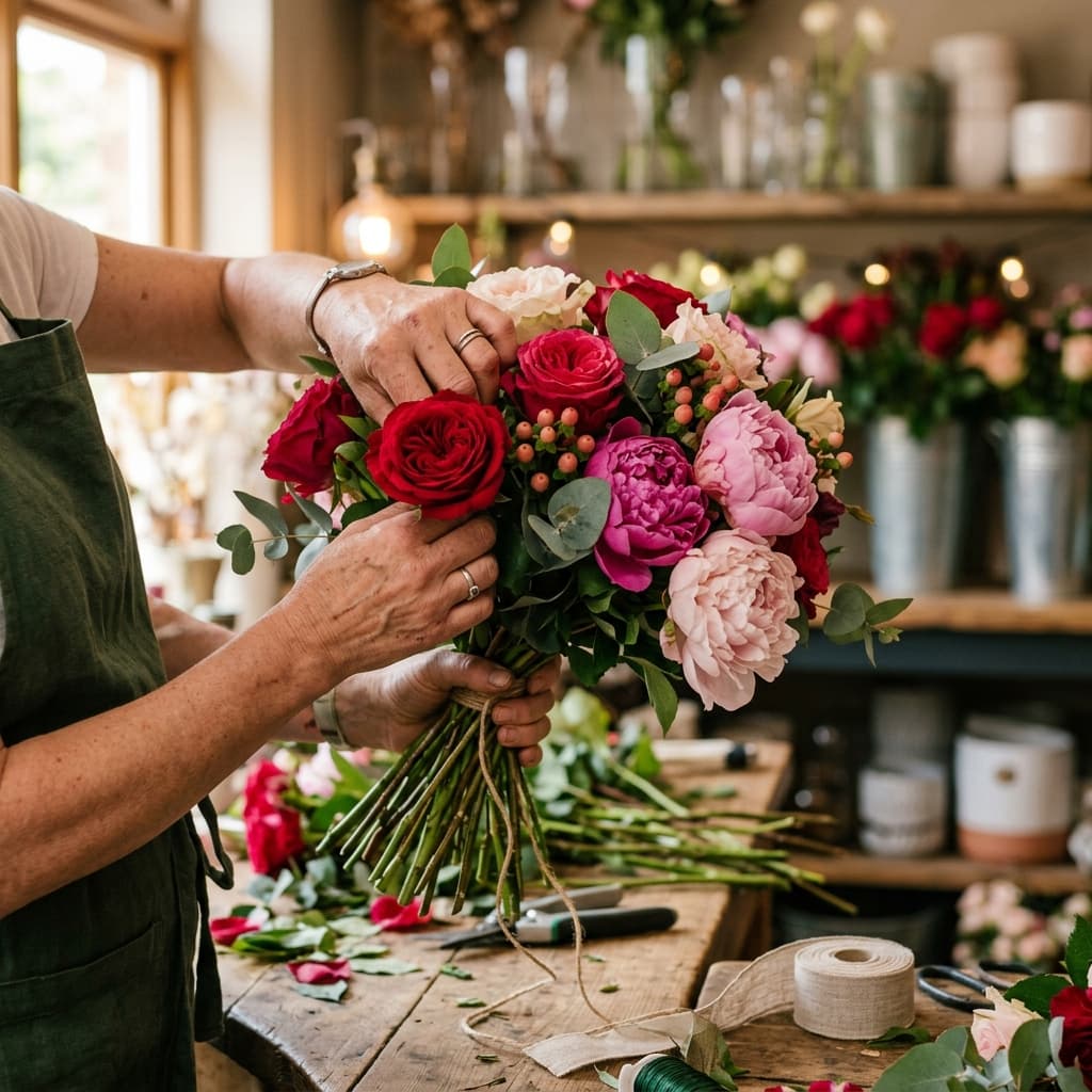 Florist arranging a beautiful bouquet