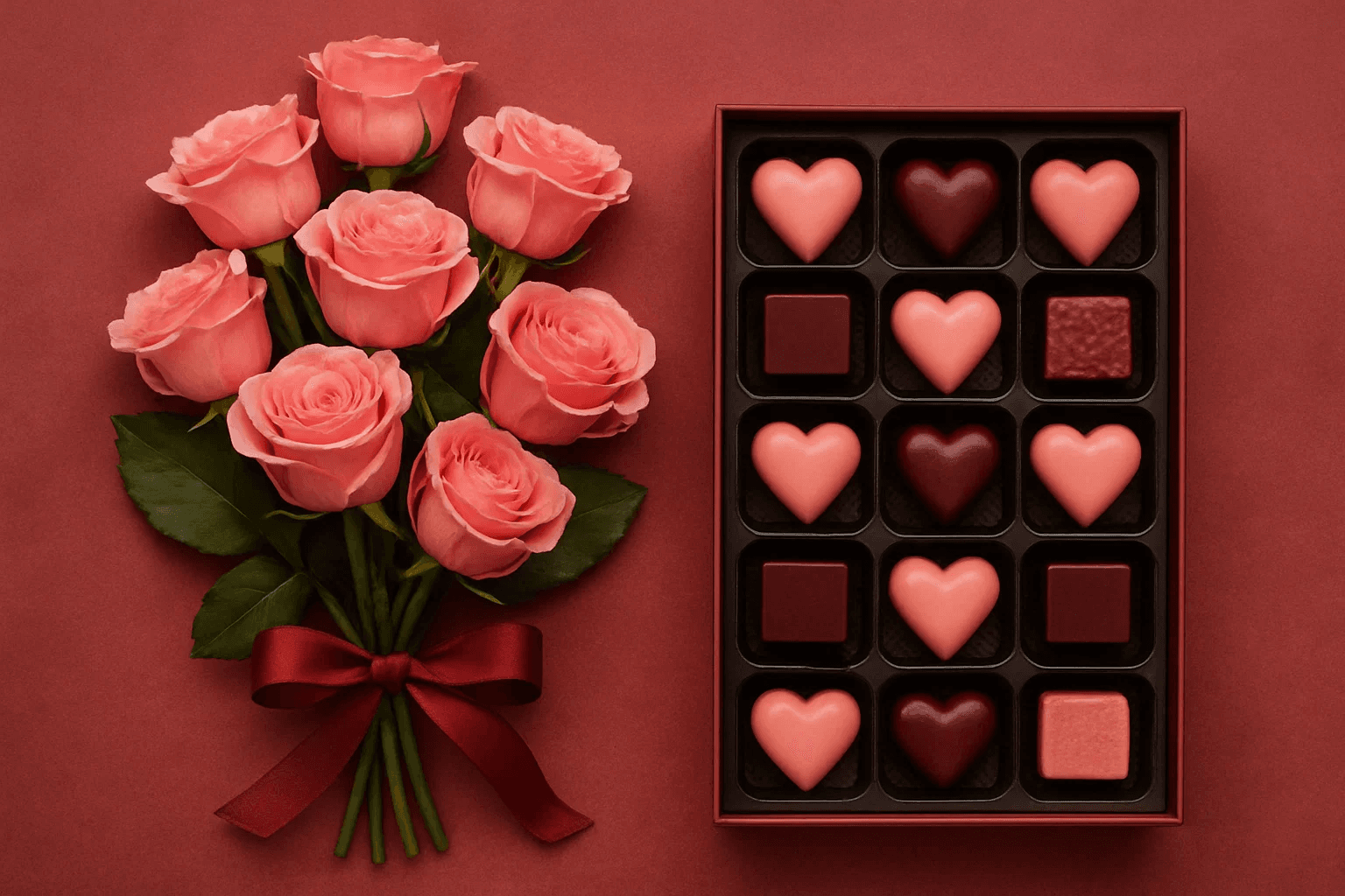 flowers with chocolates and a light pink background